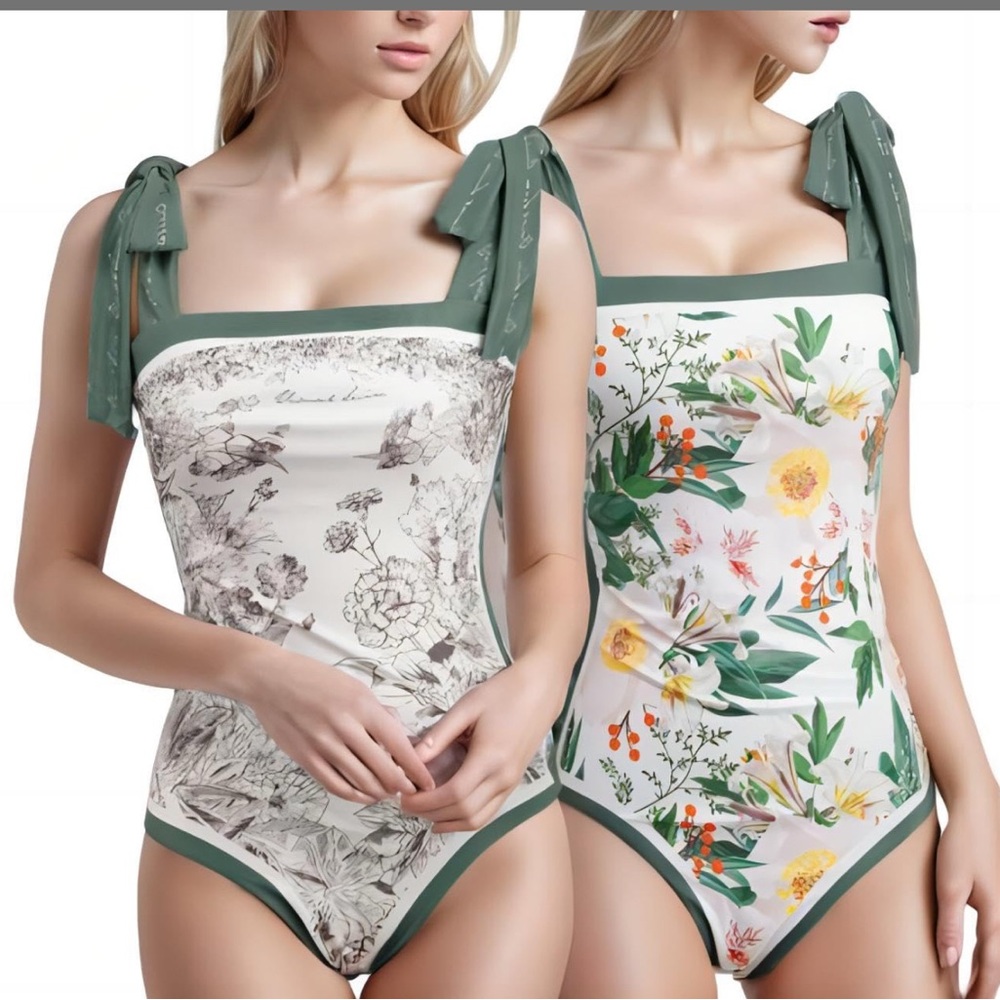 SKAYS Reversible Floral One Piece Swimsuit Vintage W Adjustable Straps Green S